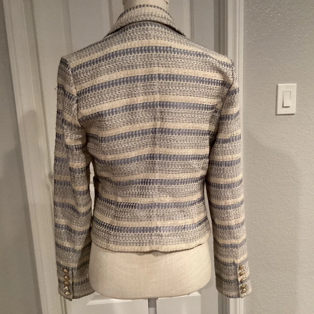 Blue Metallic Tailored Silhouette Jacket. Size Medium, Color Blue, White, Beige - Picture 2 of 2
